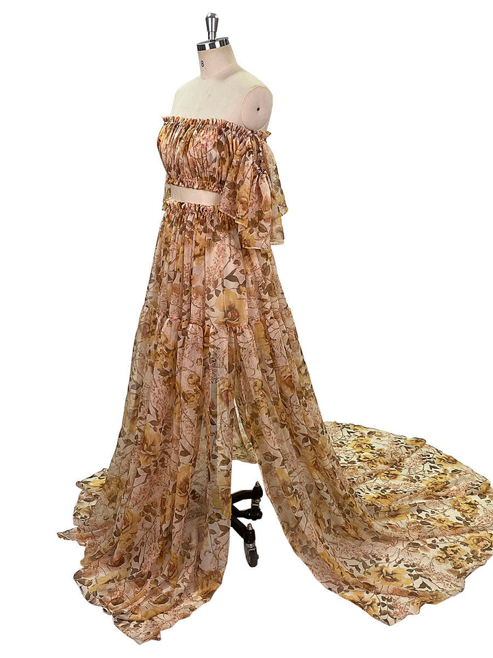 Chiffon-Print 2-teiliges Set-Kleid für Fotoshooting Frau Maxikleid YW230317
