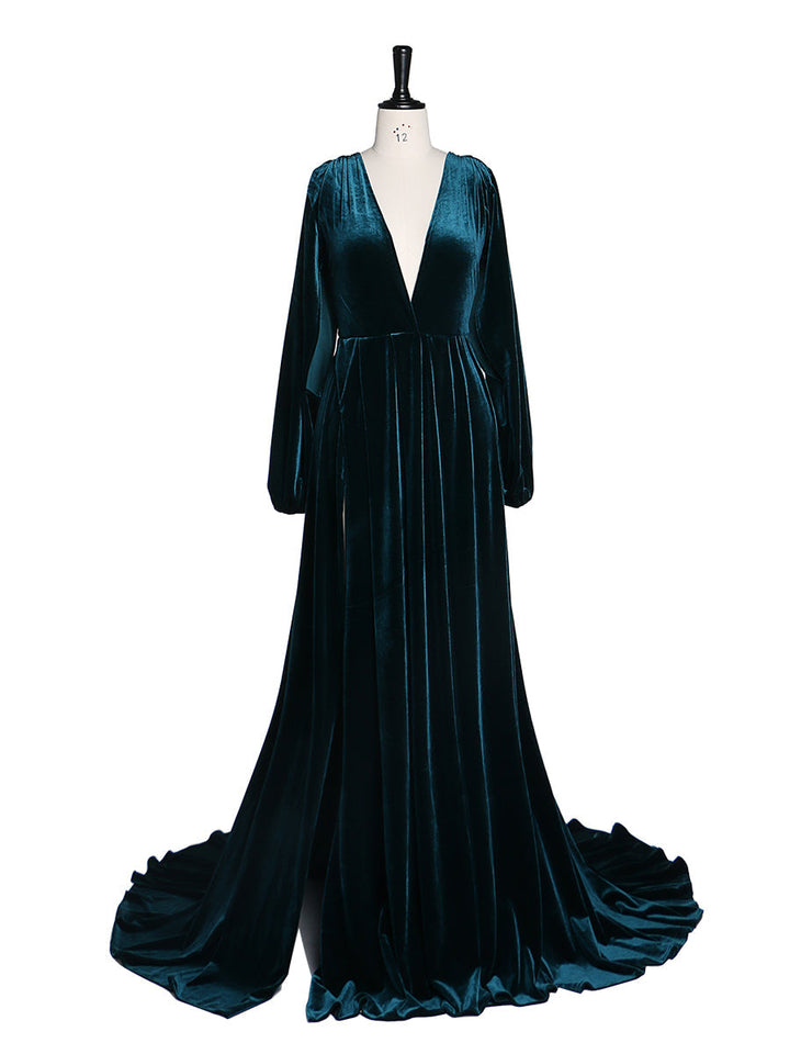 Schwarzes Abendkleid aus Samt mit V-Ausschnitt, langen Ärmeln, Stretch-Taille, seitlichem Schlitz, Fotoshooting-Kleid, Umstandskleider YD211012 