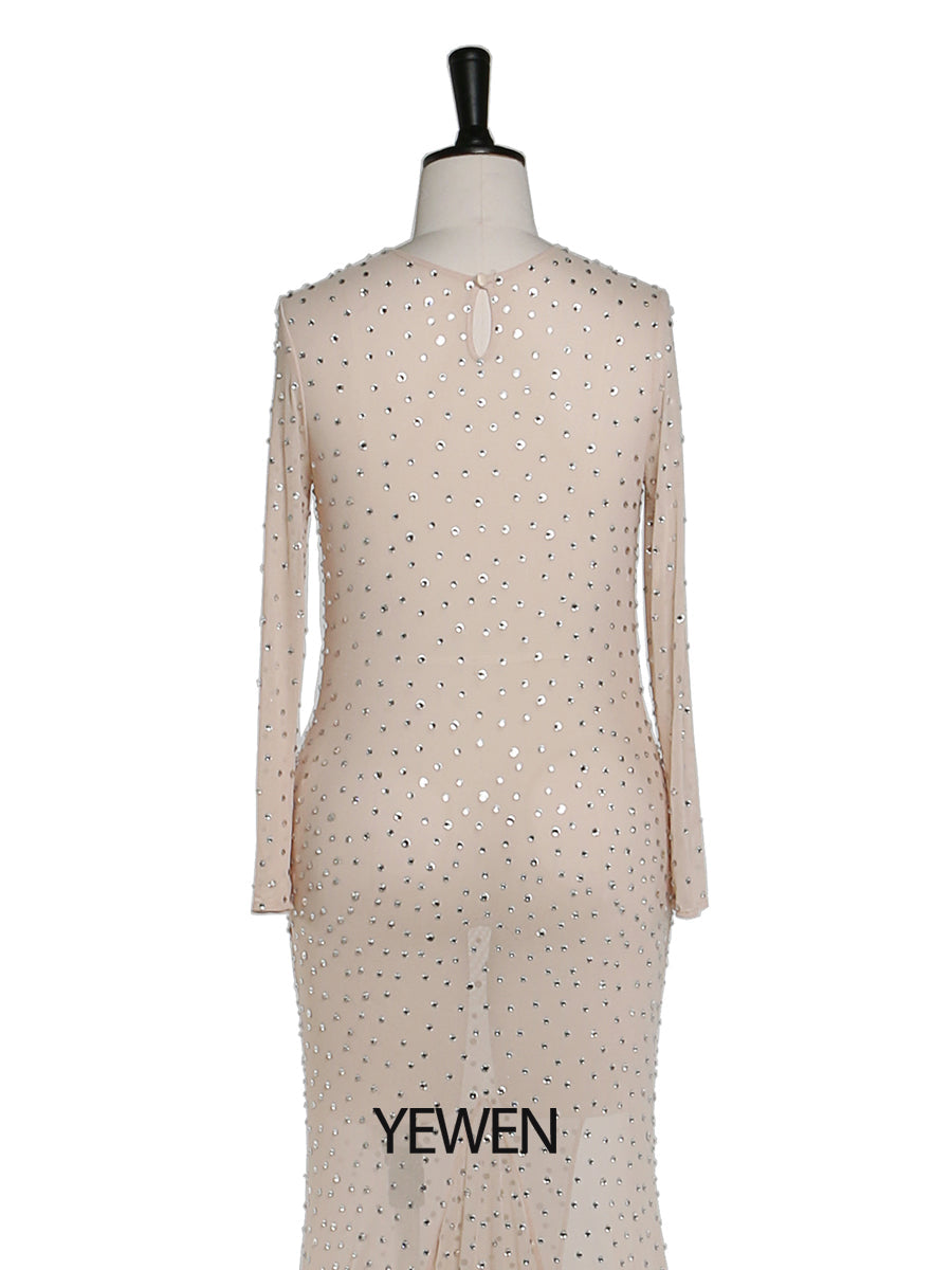 Elegantes Umstandskleid mit Rundhalsausschnitt und Kristallen, sexy, durchsichtiges Maxikleid aus Spandex-Netzstoff, Kleid für Fotoshootings