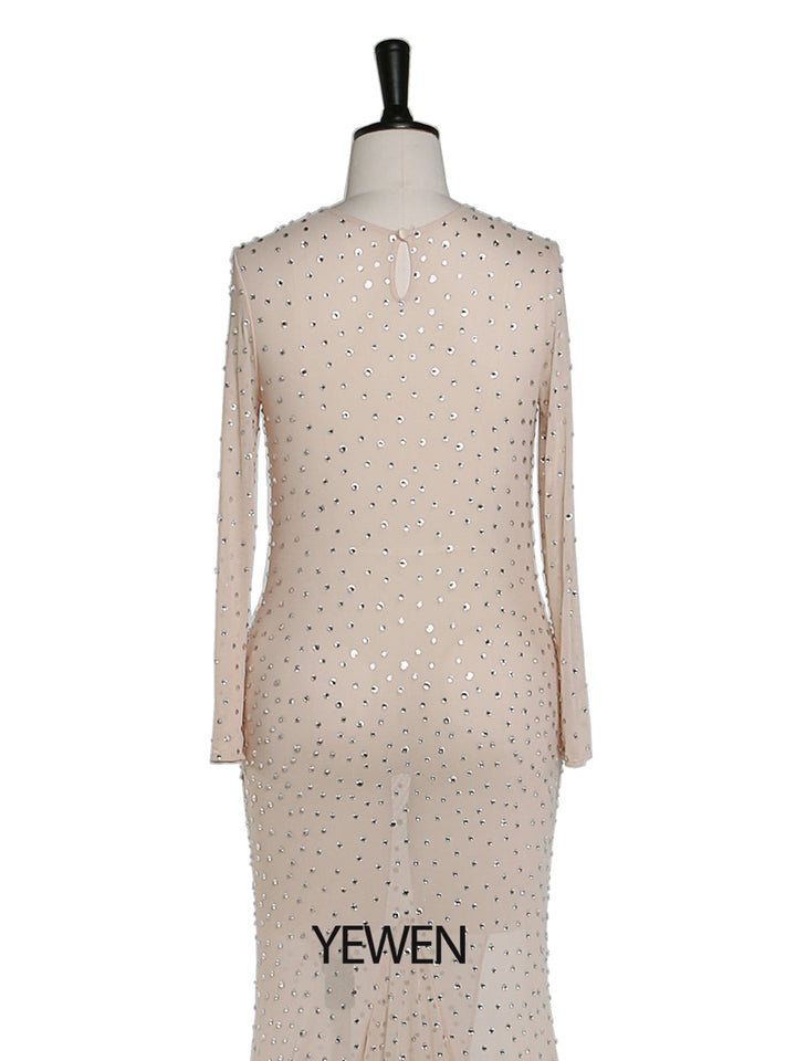 Elegantes Umstandskleid mit Rundhalsausschnitt und Kristallen, sexy, durchsichtiges Maxikleid aus Spandex-Netzstoff, Kleid für Fotoshootings