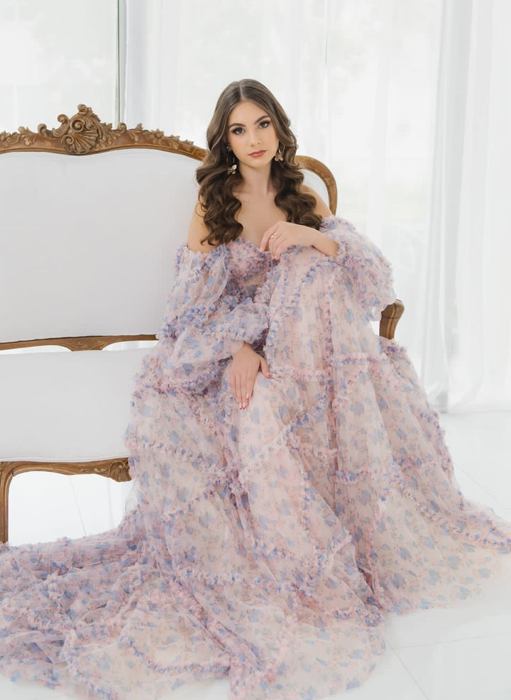 Elegant Floral Tulle Maxi Dress with Sleeves , Woman Photoshoot Dress