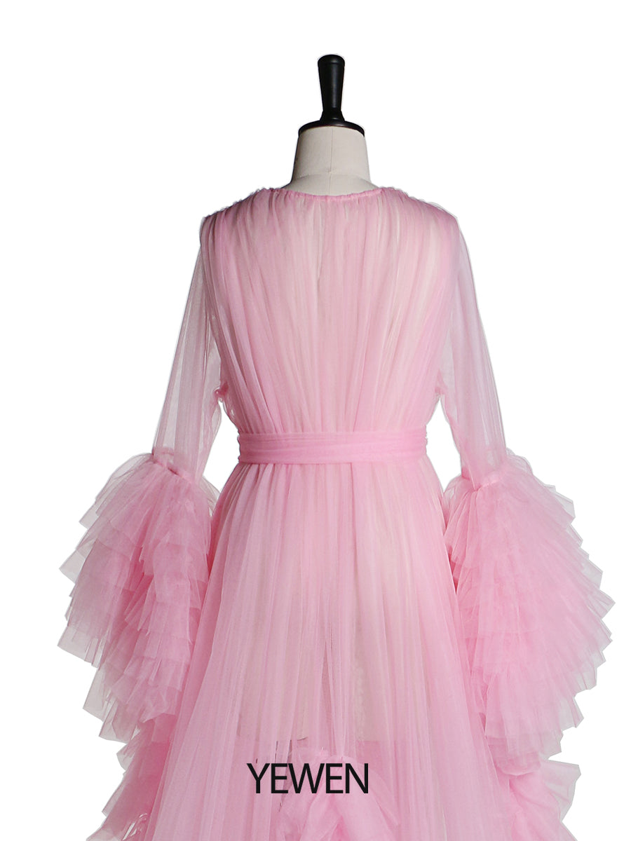 Langärmliges Umstandskleid für Fotoshootings, gerüschtes Tüllkleid mit V-Ausschnitt, Party- und Abendkleid 