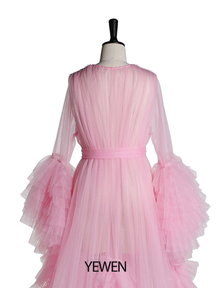 Langärmliges Umstandskleid für Fotoshootings, gerüschtes Tüllkleid mit V-Ausschnitt, Party- und Abendkleid 