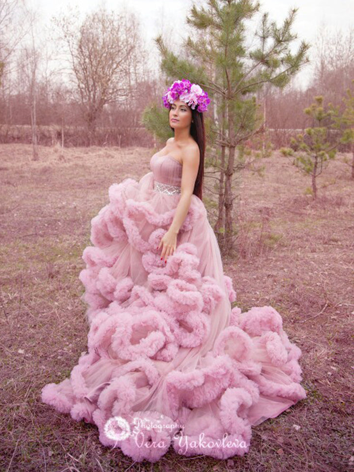 Trägerloses elegantes Partykleid mit höherer Taille und Rüschen, Prinzessinnen-Brautkleid, Umstandskleid