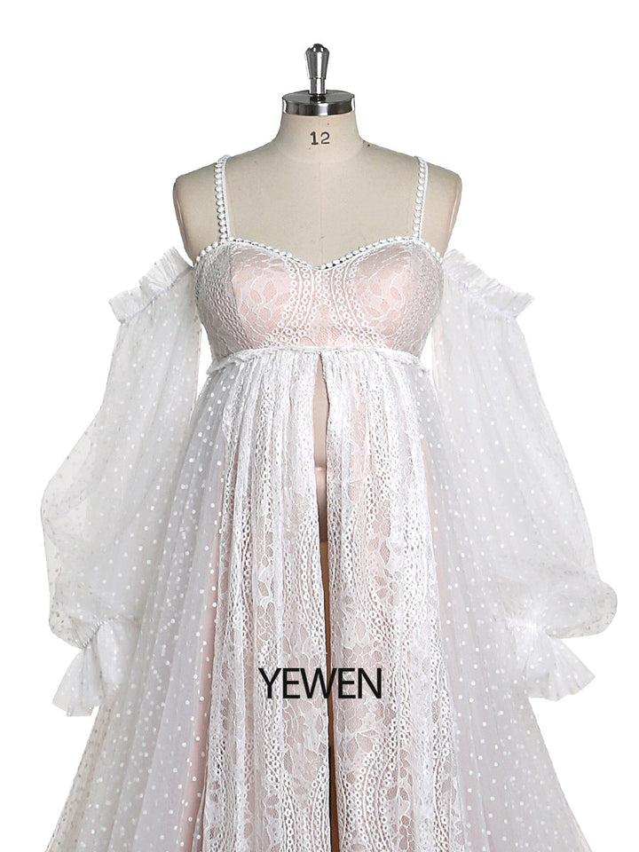 Gepunktetes Tüllkleid mit Spitze im Bohemian-Stil für Fotoshootings, langärmliges Umstandsbrautkleid YW220107-1