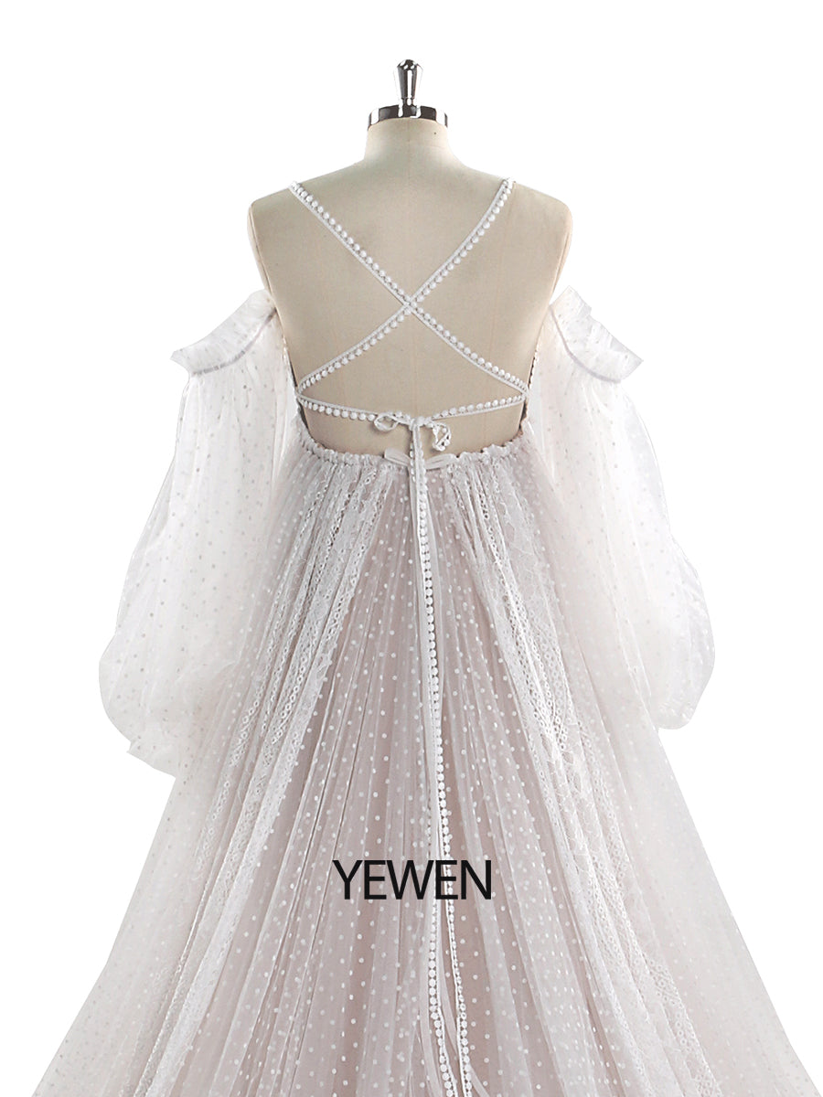 Gepunktetes Tüllkleid mit Spitze im Bohemian-Stil für Fotoshootings, langärmliges Umstandsbrautkleid YW220107-1