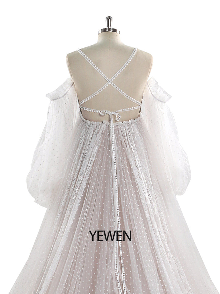 Gepunktetes Tüllkleid mit Spitze im Bohemian-Stil für Fotoshootings, langärmliges Umstandsbrautkleid YW220107-1
