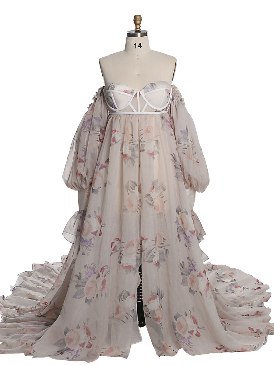 Umstandskleid Fotoshooting Print Blumenmuster Seide Weicher Organza Schulterfreies Maxikleid mit Schleppe YW230305 