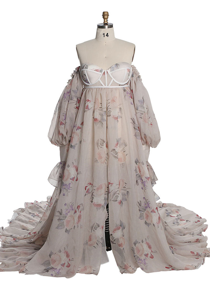 Umstandskleid Fotoshooting Print Blumenmuster Seide Weicher Organza Schulterfreies Maxikleid mit Schleppe YW230305 
