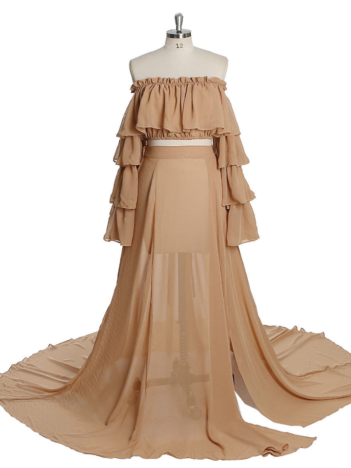 Chiffon Tan Farbe 2 Stück Set Umstandskleid Fotografie Kleid YW231003 