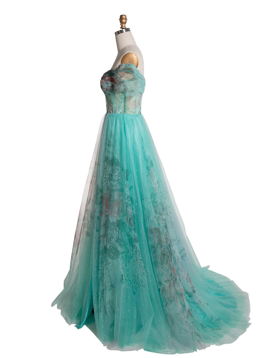 Elegantes, schulterfreies Ballkleid mit Blumenmuster in Aquamarin YE3022 