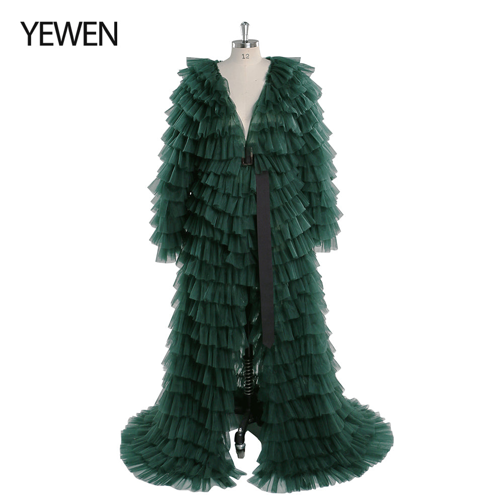 Grünes Abendkleid, Ballkleid, Tüll, gestuftes Langarm-Maxikleid für Damen