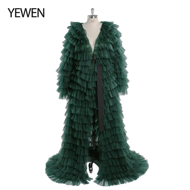 Grünes Abendkleid, Ballkleid, Tüll, gestuftes Langarm-Maxikleid für Damen
