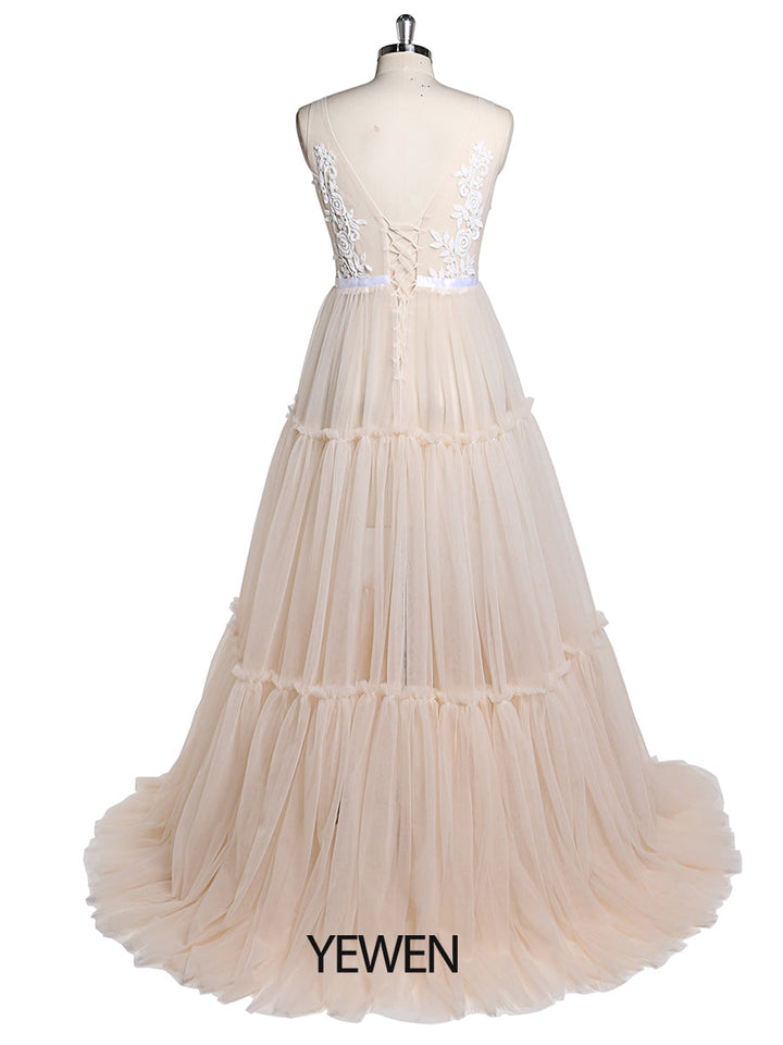 Ärmelloses Umstandskleid für Fotoshhot V-Ausschnitt Spitze Tüll Strand Brautkleid YD22603 