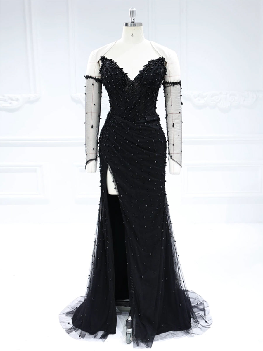 Strapless , Long Sweetheart Pearls , Prom Dress with Detachable Sleeves