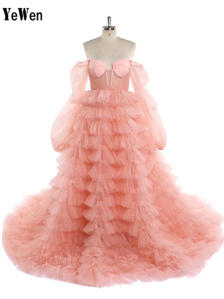 Schulterfreies Tüll-Abschlussballkleid in Rosa, Brautkleid, Fotoshooting-Kleider YW220828 