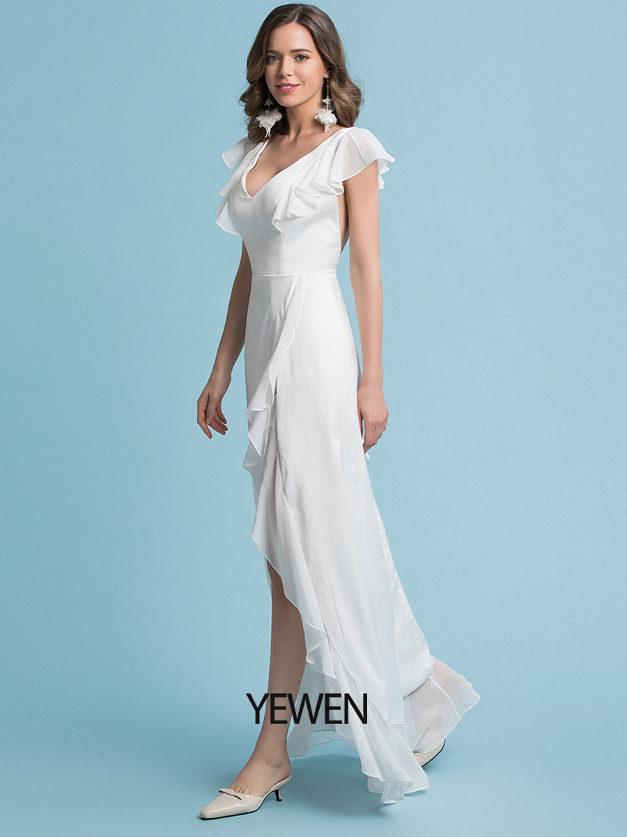 Etui-Linie/Säule Chiffon Ärmel V-Ausschnitt Brautkleid Bodenlang 