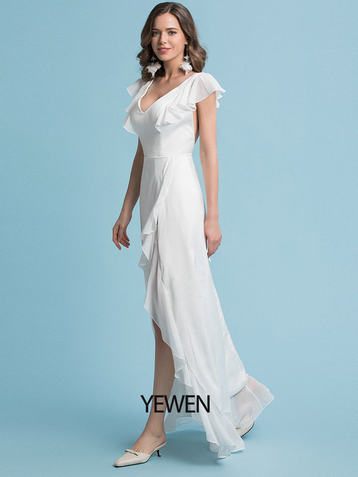 Etui-Linie/Säule Chiffon Ärmel V-Ausschnitt Brautkleid Bodenlang 