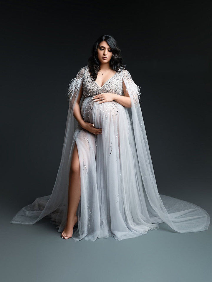 Silbernes Abendkleid aus Tüll mit Perlen und Cape, Umstandskleid für Fotoshootings, Fotografiekleid, Schnürung am Rücken 