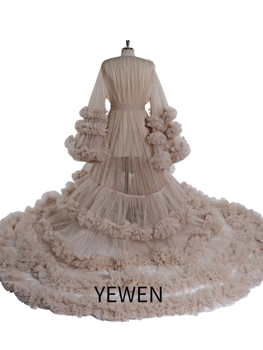 Langes Umstandskleid mit Tüllrüschen für Babyparty, Fotografie, Schwangeres Kleid YW220931 