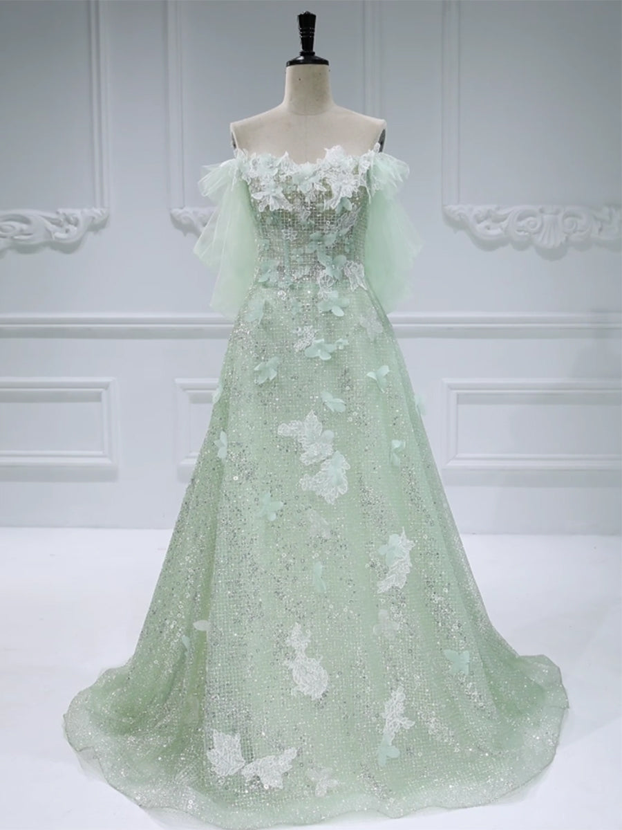 A Line, Prom Dresses, Sparkle Mesh appliques ,Off The Shoulder , Evening Dress , prom dresses