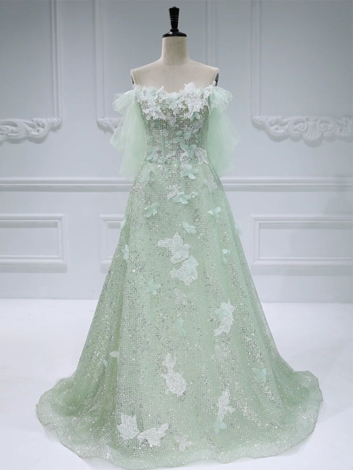 A Line, Prom Dresses, Sparkle Mesh appliques ,Off The Shoulder , Evening Dress , prom dresses