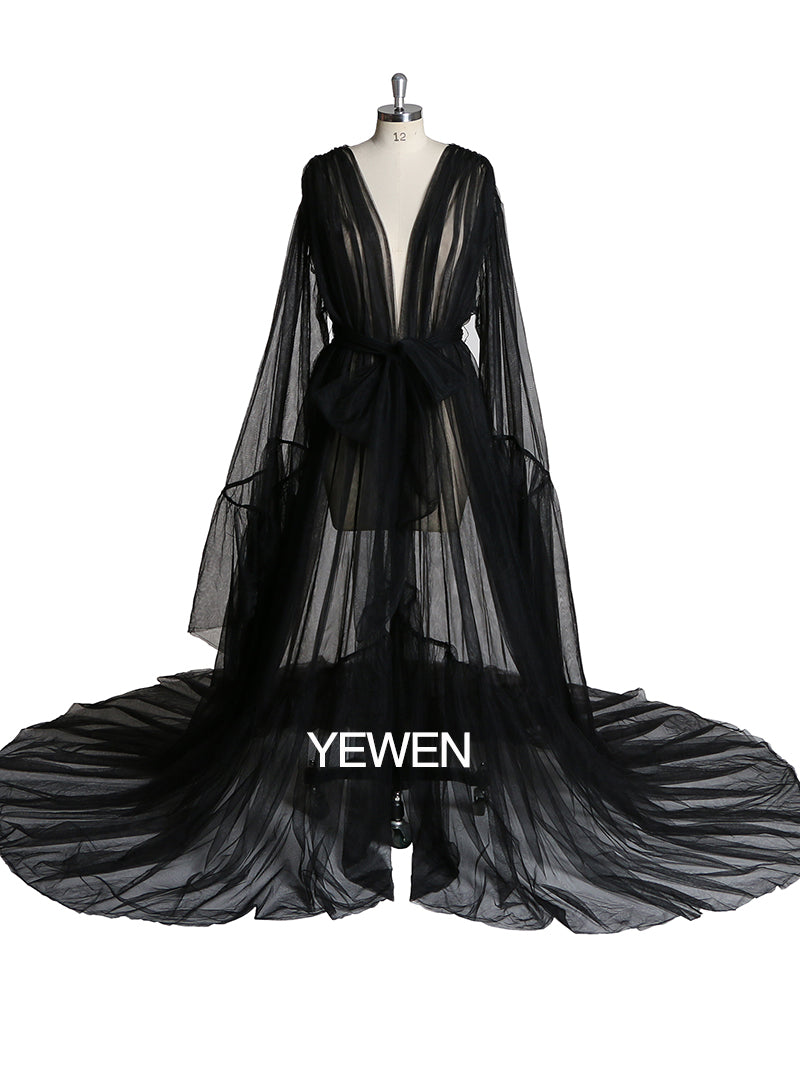 Elegantes V-Ausschnitt Umstands-Fotoshooting-Kleid Glockenärmel Sexy Maxikleid YW2055 