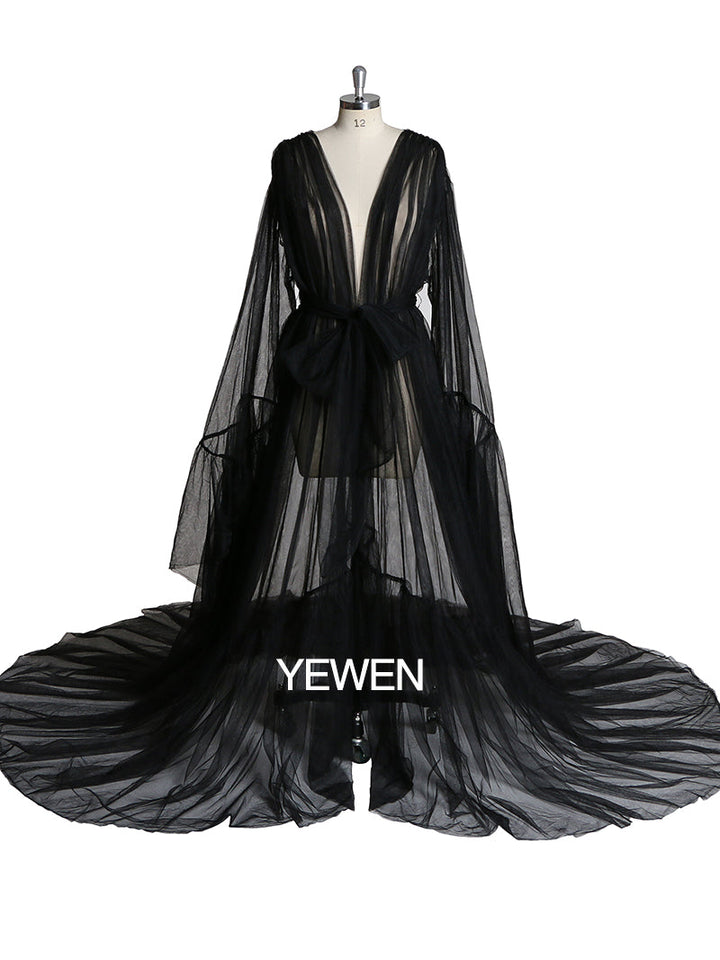 Elegantes V-Ausschnitt Umstands-Fotoshooting-Kleid Glockenärmel Sexy Maxikleid YW2055 