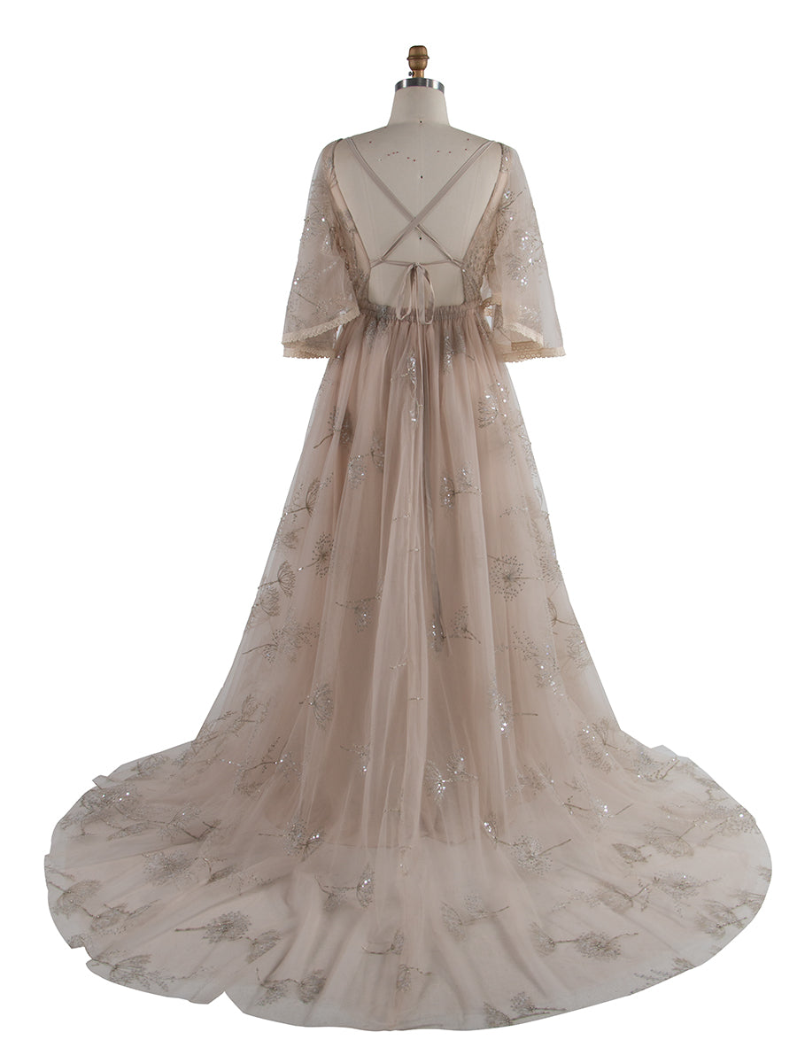 Boho glitzernde Stickerei V-Ausschnitt Umstands-Fotoshooting-Kleid Strand-Fotoshooting-Outfits YW250024