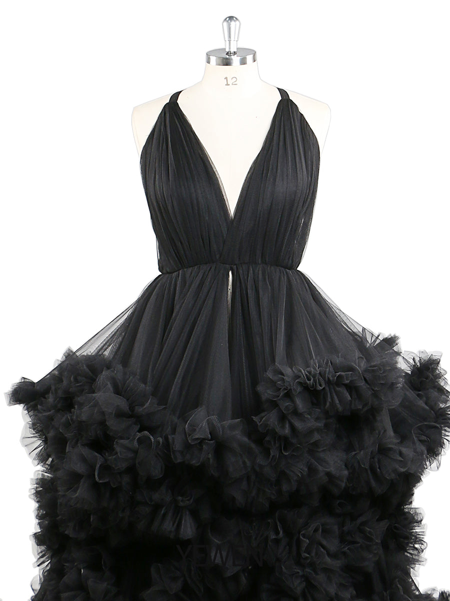 Schwarzes Umstands-Fotoshooting-Kleid mit V-Ausschnitt, gekreuzte Schnürung am Rücken, Babyparty-Kleid, Robe für Fotoshooting, YW220516 