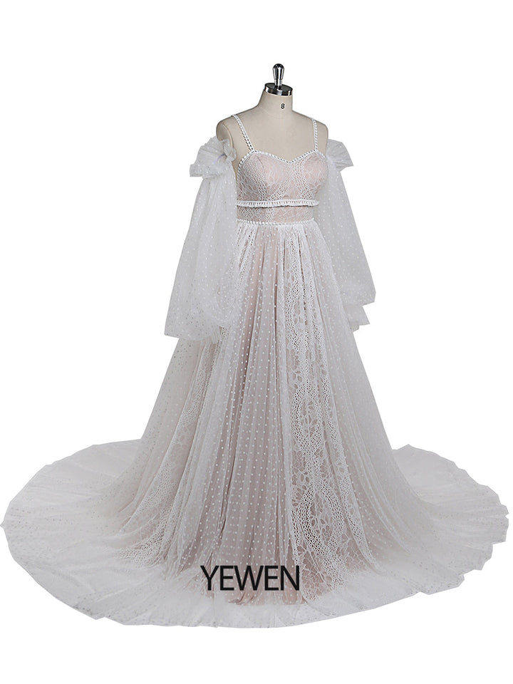 Dot Tüll mit Spitze Farben der Brautkleider Langarm Bohemian Spitze Brautkleid YW220107