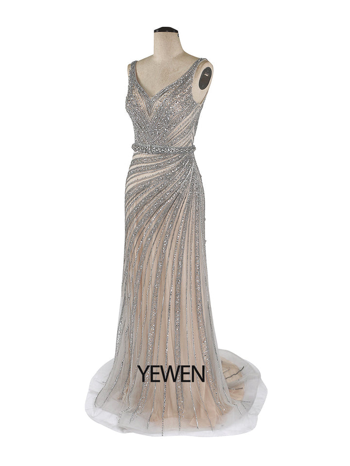 V-Ausschnitt Champagner Abendkleider 2024 Diamant Perlen Ärmellos Meerjungfrau Formelle Partykleid Reißverschluss Hinten YEWEN 