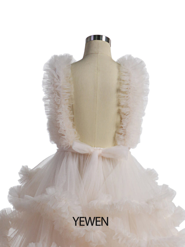 Weiche Tüllrüschen V-Ausschnitt Erstkommunionkleider für Mädchen Blumenmädchenkleider Prinzessin Partykleid Fotoshootingkleid YW220920 