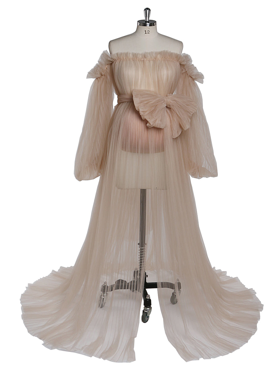 Sexy durchsichtiges Umstandskleid aus Tüll mit plissierten Puffärmeln für Fotoshootings/Babypartys YW221019 