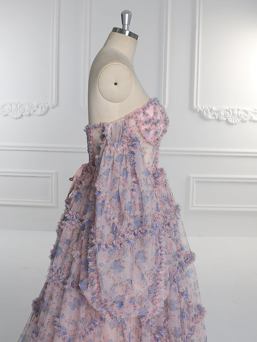 Elegant Floral Tulle Maxi Dress with Sleeves , Woman Photoshoot Dress