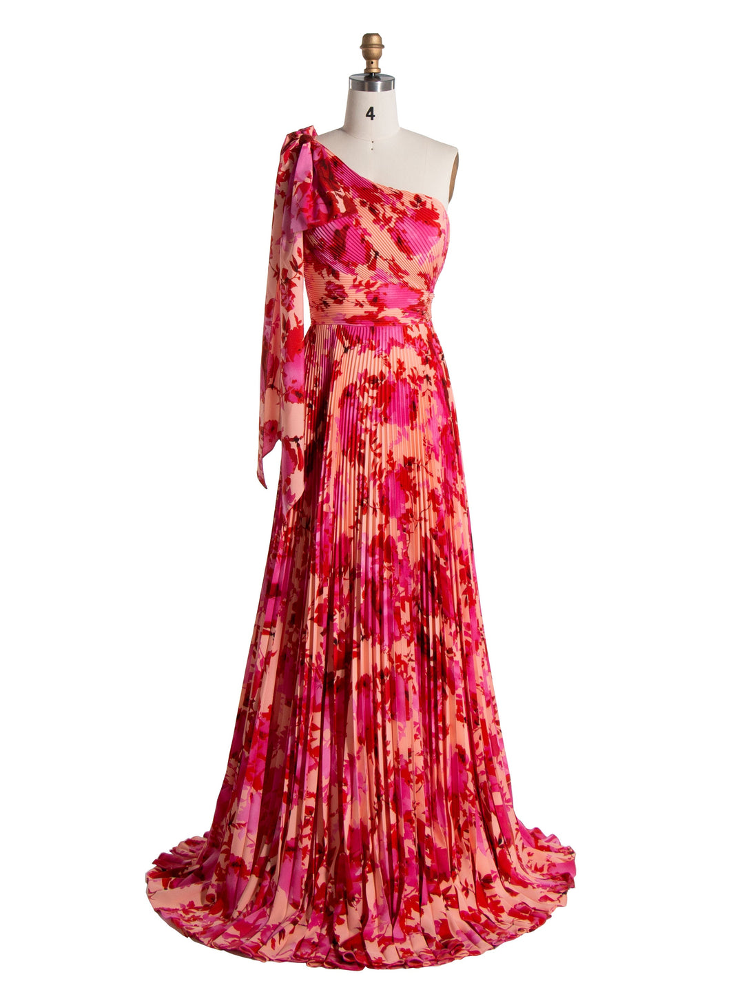 A-line, Asymmetrica Red Printed Pleated, Prom Party Dresses, Floor Length