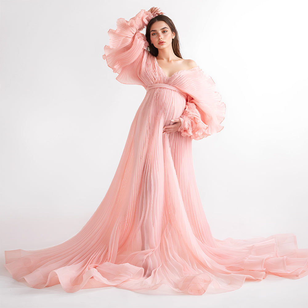 V-Ausschnitt, plissiertes Organza-Umstandskleid für Fotoshooting, großer Rock, transparentes Kleid für Schwangerschafts-Babyparty, YW250013 