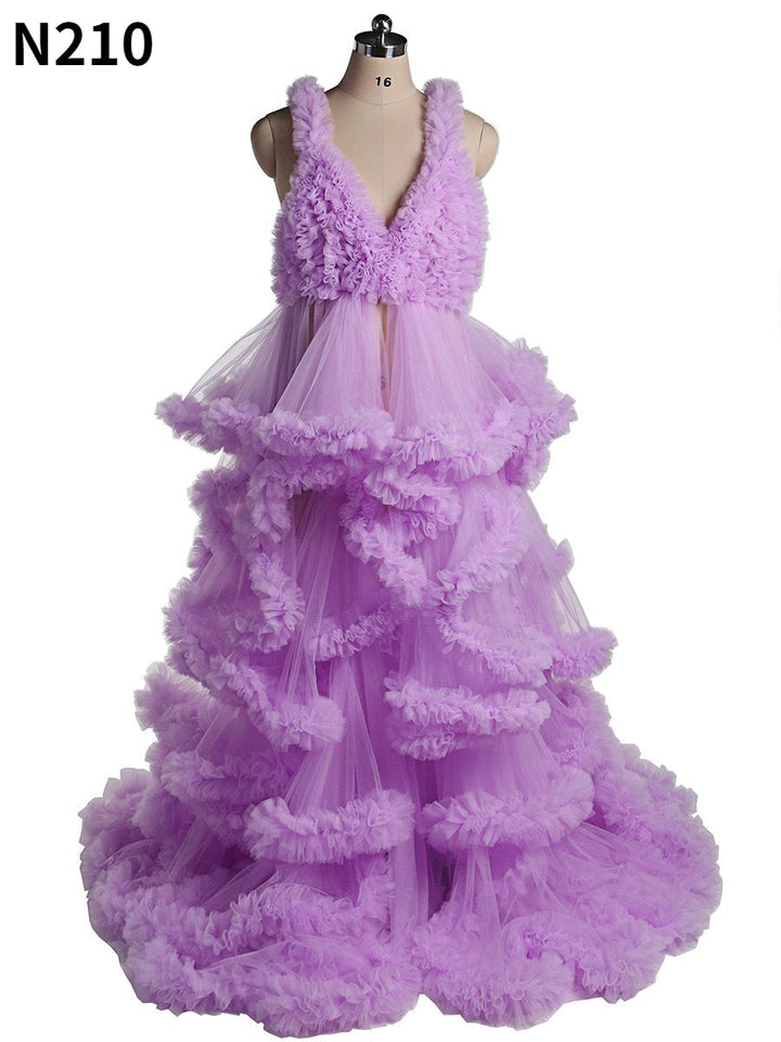 Tiefer V-Ausschnitt, Tüll, volle Rüschen, rückenfreies Wolkenkleid, Umstandskleid für Fotoshooting
