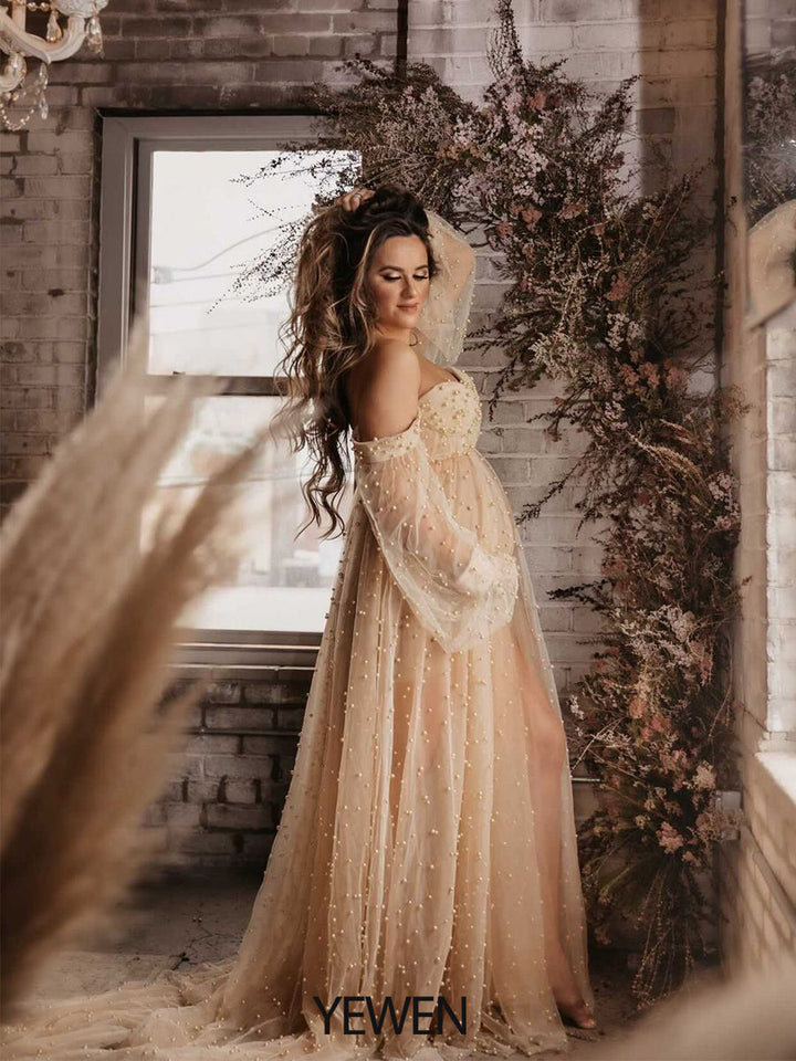 Schulterfreies, elfenbeinfarbenes, langärmliges Umstandskleid mit Perlen vorne und offen, Fotoshooting-Kleid für Damen LT024 