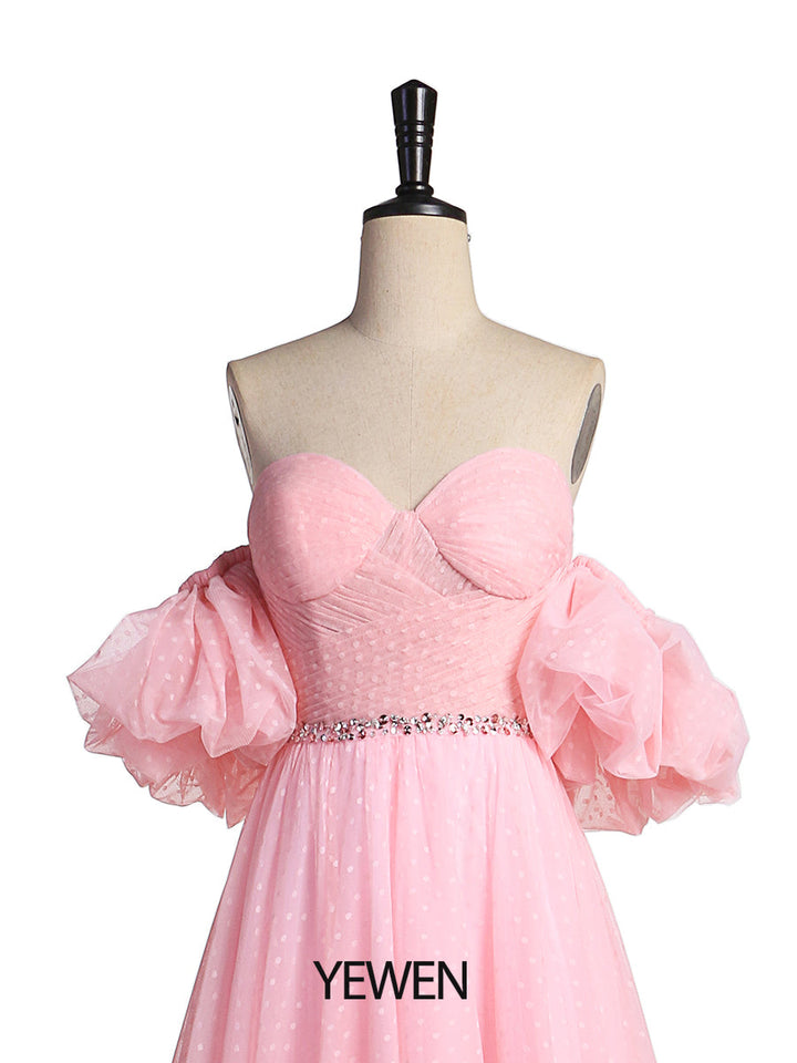 Plus Size Off Shoulder Puffärmel Polka Dot Rosa Ballkleid Fotoshooting-Kleid