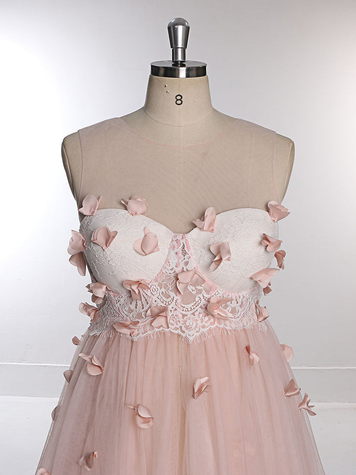Rosa Blumenkleid aus weichem Tüll für Fotoshootings, Rundhalsausschnitt, rückenfreies Maxikleid aus Tüll, YW230330 