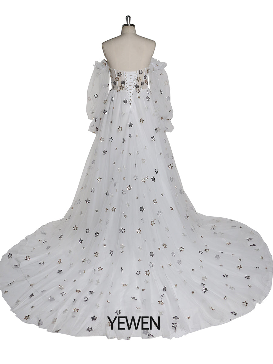 Abendkleid mit funkelnden Sternen, lang, abnehmbare Ärmel, formelles Partykleid, Fotoshooting-Kleid, Übergröße, YW220311 
