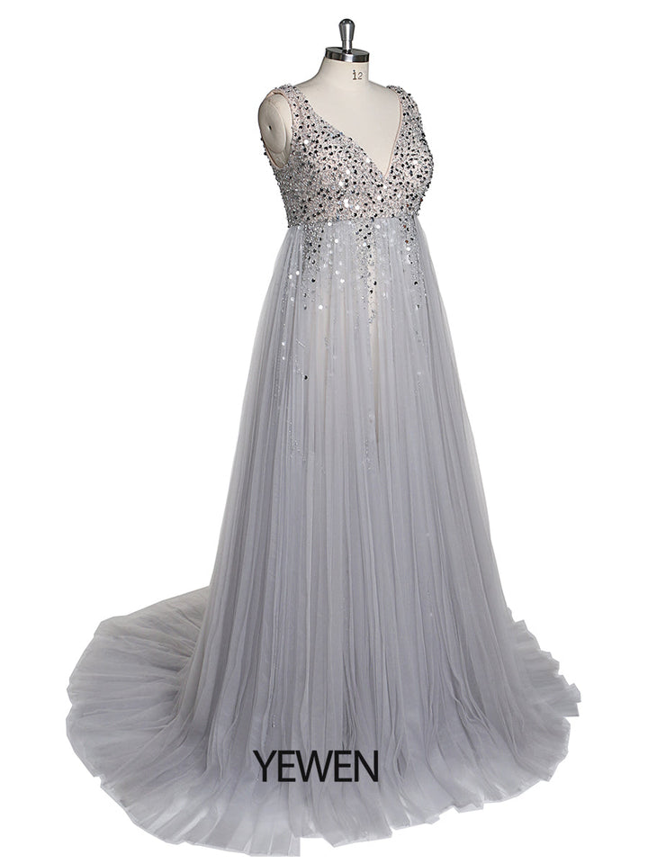 Silbernes Abendkleid aus Tüll mit Perlenbesatz, Umstandskleid für Fotoshootings, Schnürung hinten, Schwangerschaftsfotografie, Robe, Babypartykleid 