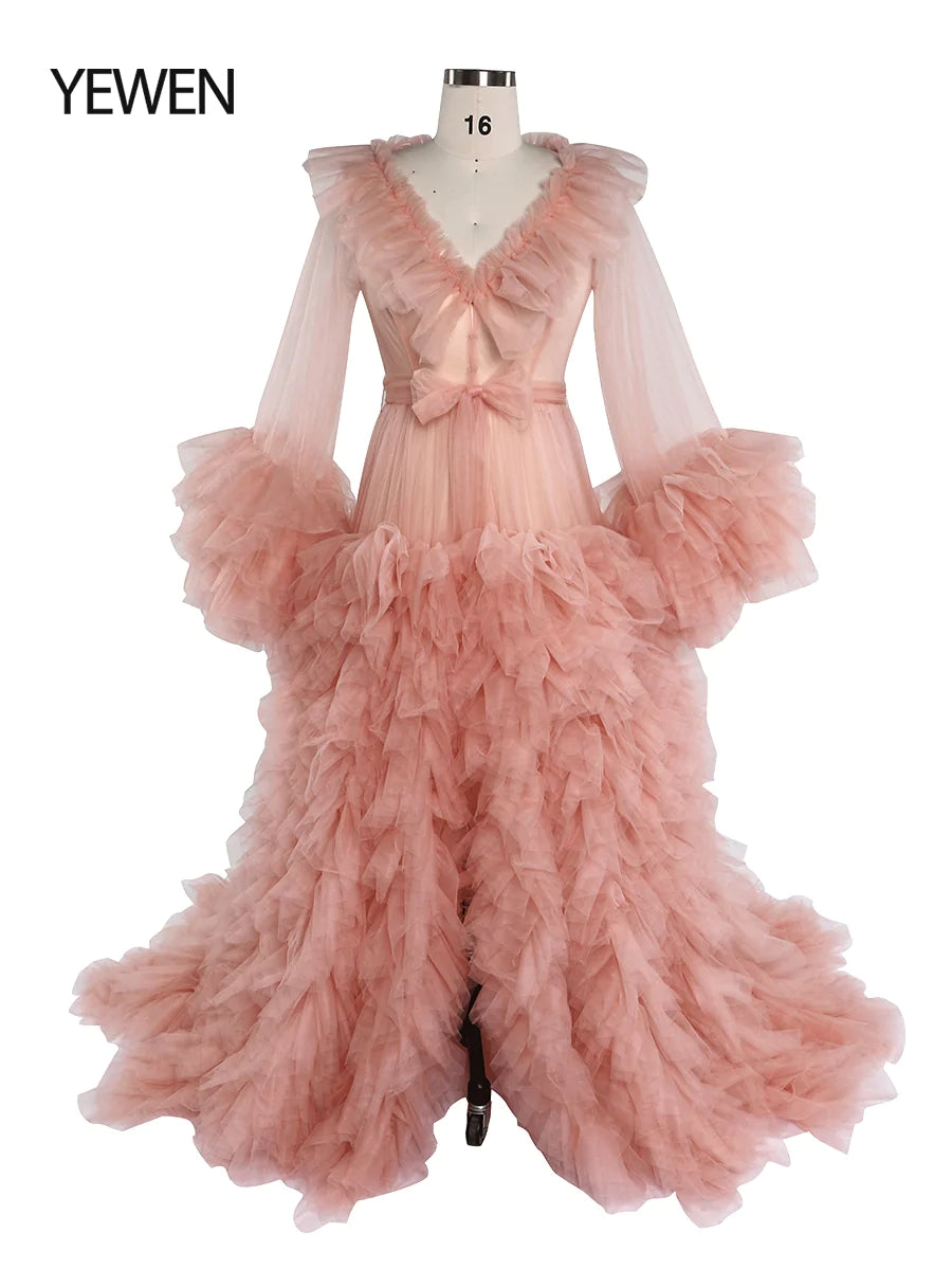 Champagnerfarbenes Umstandskleid mit V-Ausschnitt und Rüschen, langärmlig, für Fotoshootings, Ballkleid 