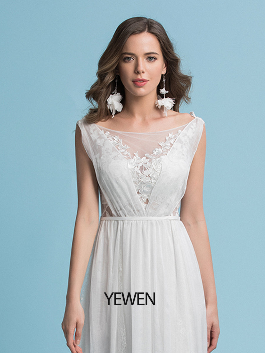 Bodenlanges Brautkleid aus Chiffon mit Blumenmuster und Spitze und Schleppe 