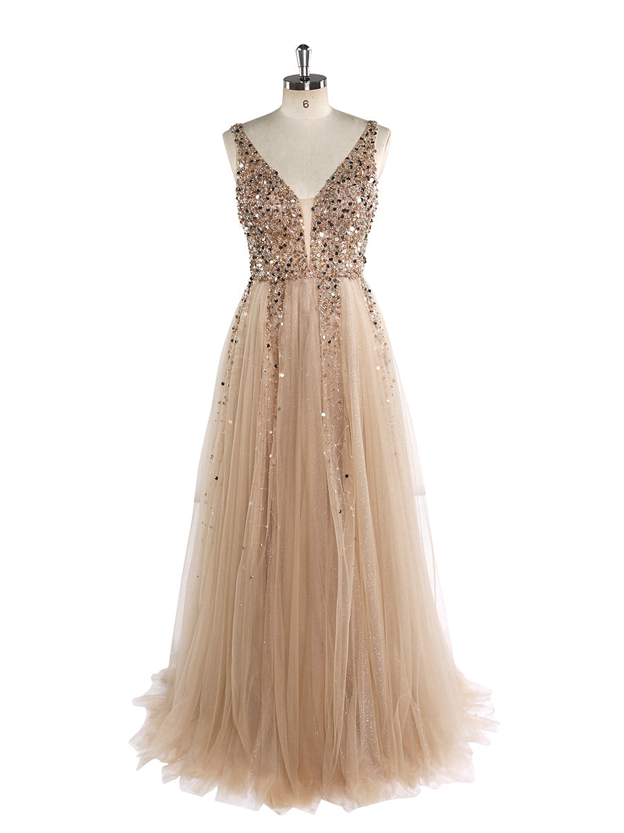V-Ausschnitt Formelles Abendkleid Abnehmbarer Umhang Ärmellos Bodenlang Tüll mit Perlenbesatz Partykleid YEWEN 