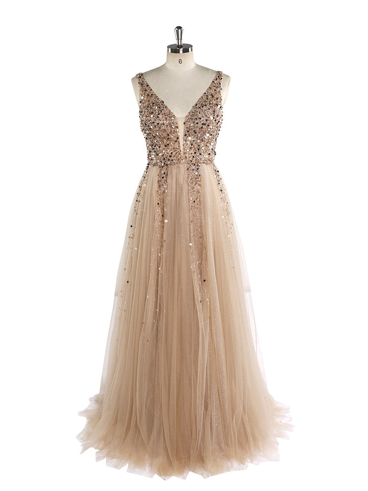 V-Ausschnitt Formelles Abendkleid Abnehmbarer Umhang Ärmellos Bodenlang Tüll mit Perlenbesatz Partykleid YEWEN 