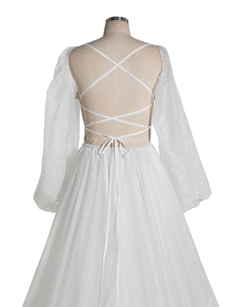 V Neck, Embroidered Lace, Bridal Dress with Long Sleeves, Boho Maxi Dress 