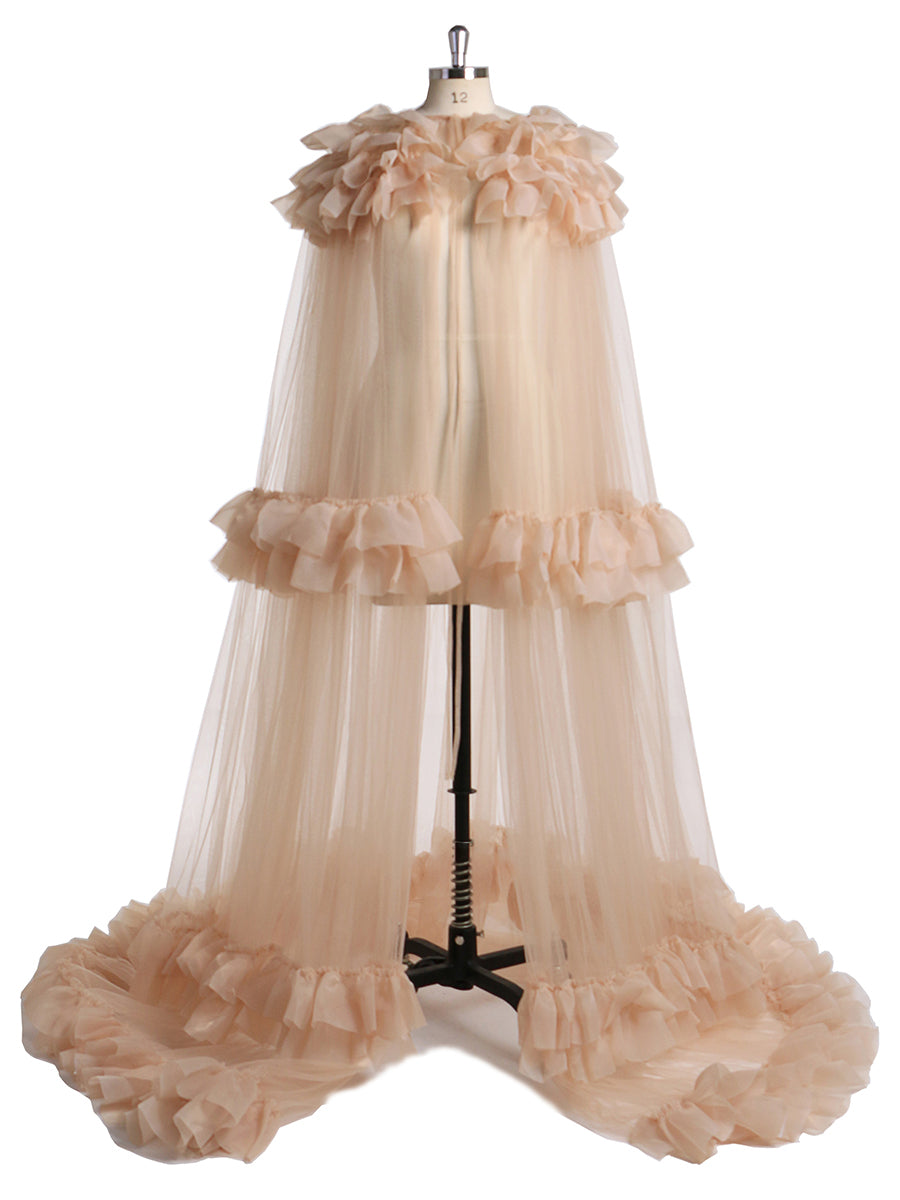 Elegantes Cape, plissiertes, gerüschtes Maxi-Brautkleid, Jacke für Umstandskleid-Fotoshooting