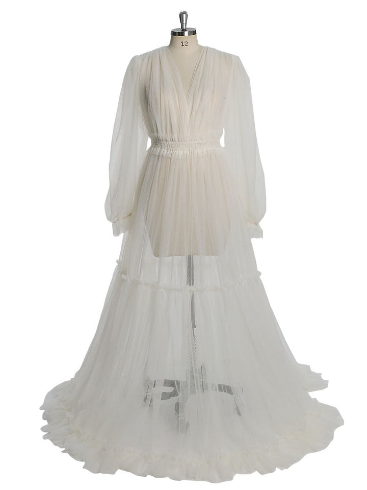Durchsichtiges, langärmeliges Kleid aus weichem Tüll für Damen, Maxi-Kleid für Fotoshootings, YW231005 